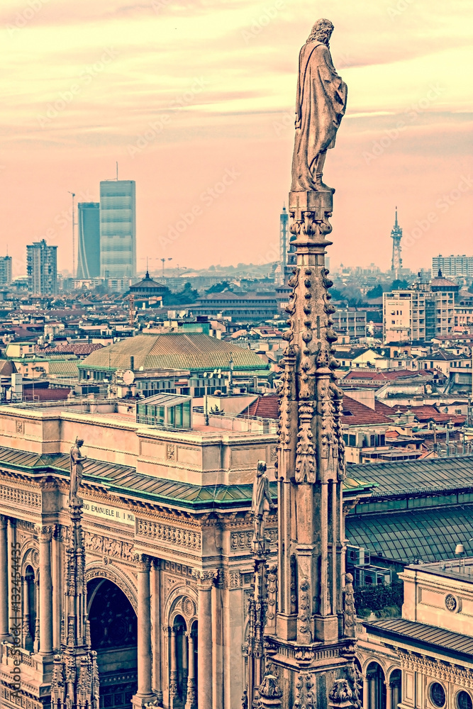 Old photo. View over Milan from Milan Cathedral