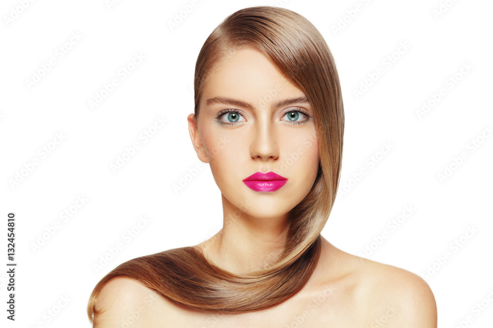 Portrait of young beautiful girl with long hair and fuchsia lipstick over white background, copy space Portrait of young beautiful girl with long hair and fuchsia lipstick over white background, copy space
