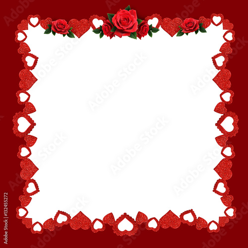 Frame with glitter hearts and red rose flowers