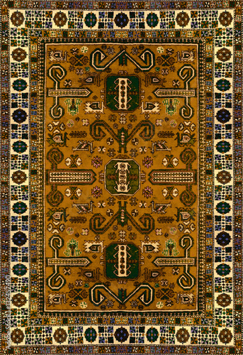 Persian Carpet Texture, abstract ornament. Round mandala pattern, Eastern Traditional Carpet surface. Turquoise green red maroon orange blue grey brown yellow violet square background vertical