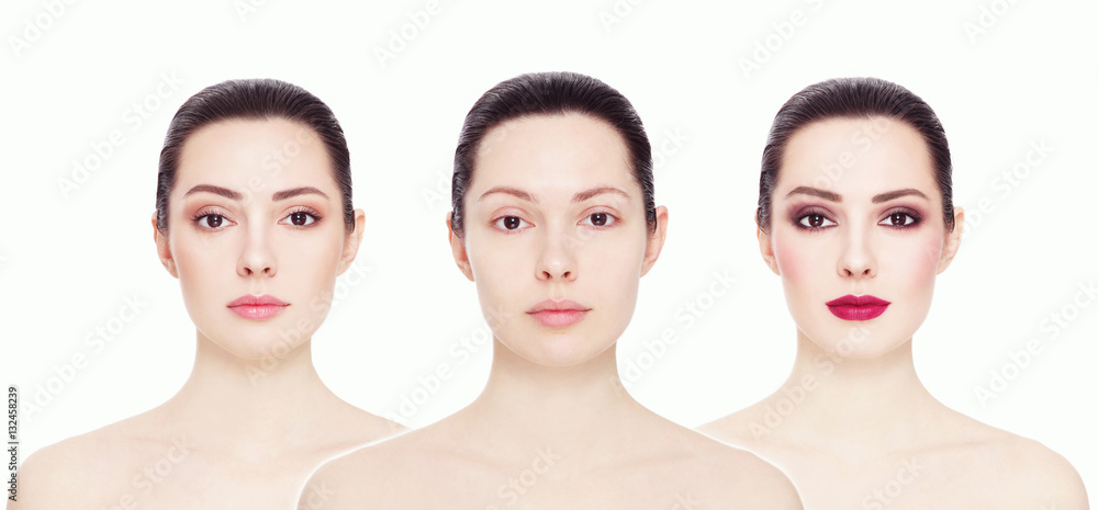 Conceptual collage with three images of one model. Clean face without make-up, natural make-up and bright party make-up, over white background. Eyebrows, complexion, lipstick. Conceptual collage with three images of one model. Clean face without make-up, natural make-up and bright party make-up, over white background. Eyebrows, complexion, lipstick.