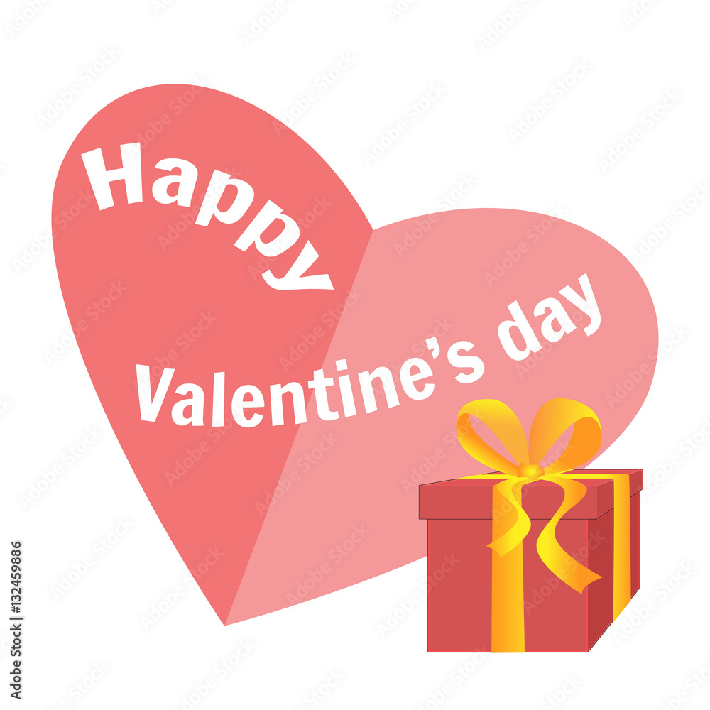 Red gift box with yellow ribbon and heart for Valentine's day. White background.