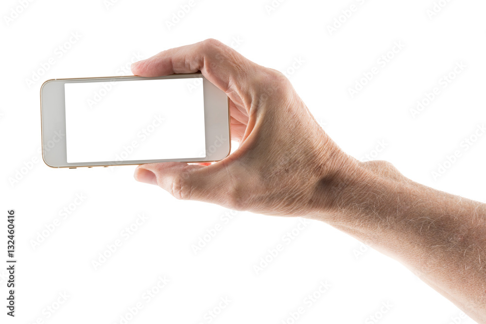 Male right hand holding smartphone with blank screen Male right hand holding smartphone with blank screen