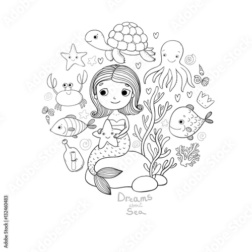 Marine illustrations set. Little cute cartoon mermaid, funny fish, starfish, bottle with a note, algae, various shells and crab. Sea theme.