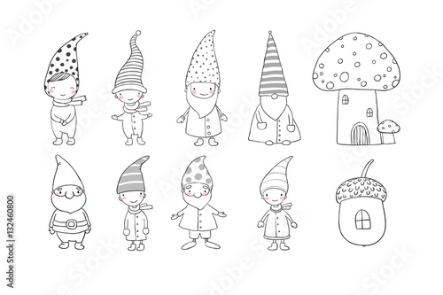 Set of cute cartoon gnomes. Funny elves. Hand drawing isolated objects on white background. Vector illustration.