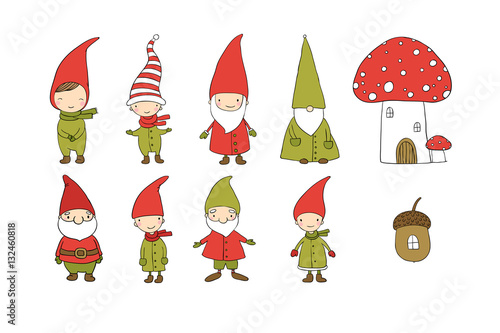 Set of cute cartoon gnomes. Funny elves. Hand drawing isolated objects on white background. Vector illustration.