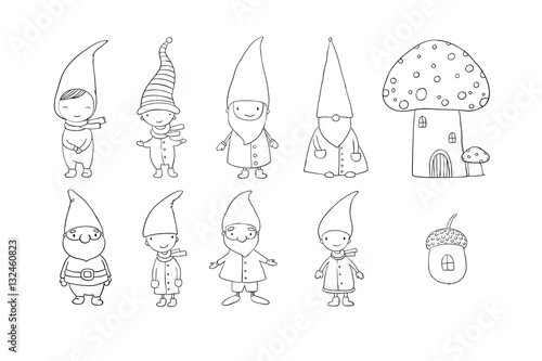 Set of cute cartoon gnomes. Funny elves. Hand drawing isolated objects on white background. Vector illustration.