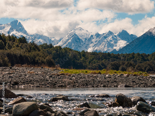 River flowing with a snowy mountain scape in the background