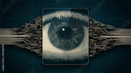 Big brother electronic eye concept, technologies for the global surveillance, biometric retina scan, security of computer systems and networks