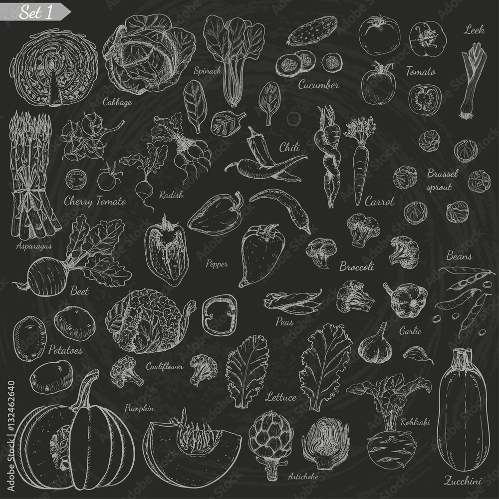 Big set of vegetables in sketch style on black background Big set of vegetables in sketch style on black background