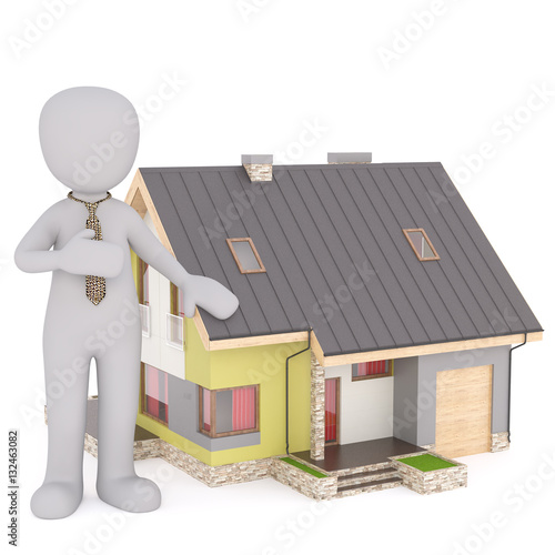 Cartoon Realtor Standing Beside Miniature House
