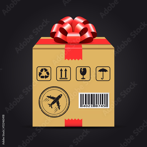 Shipping cardboard box with red bow. Gift delivery concept.