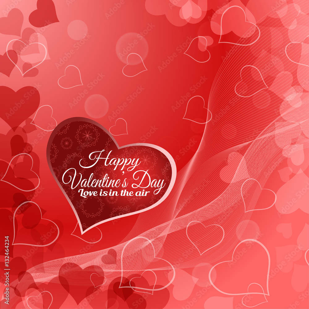 Vector Happy Valentine's Day background with red heart, radiance and waves.