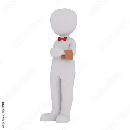 Cartoon Waiter Wearing Red Bow Tie with Towel