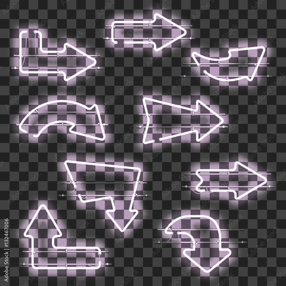 Set of glowing white neon arrows isolated on transparent background ...