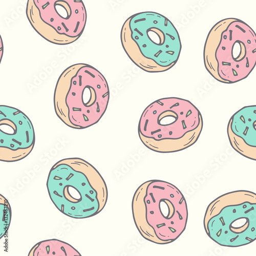 Hand drawn donut seamless pattern. Pastry illustration