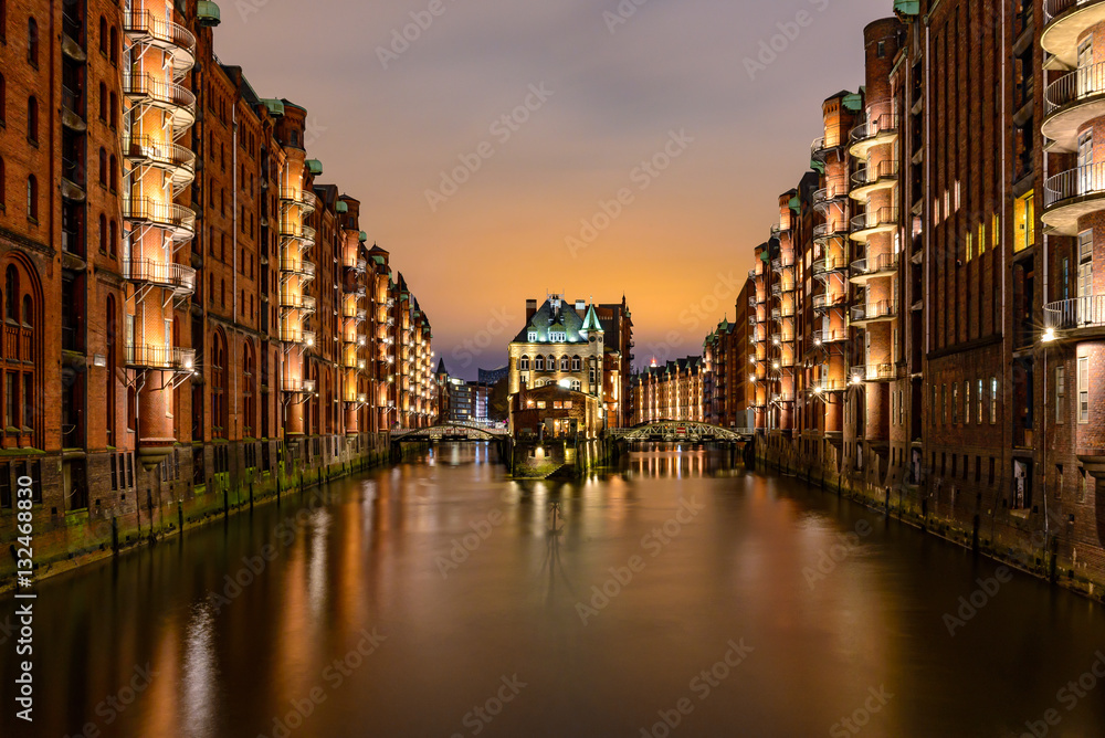 Hamburg city of warehouses palace at night