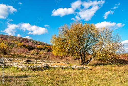 Canvas Print Roman ruins (Villa Rustica) under colorful autumn forest, hill,  November, Slova