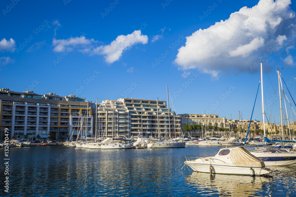 Msida, Malta - Yacht marina at Msida with blue sky and clouds on a beautiful summer day