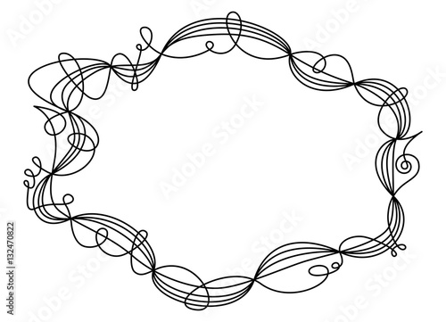 Single swing thread frame. Decorative ornament and border for text and images. One line going five times around shaping an ellipse like a wire sculpture. Black illustration on white background. Vector