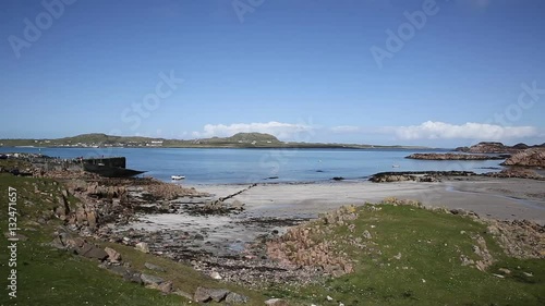 Fionnphort port Isle of Mull Scotland UK view to Iona island pan