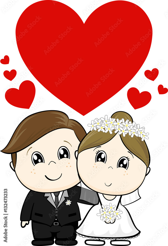 cute wedding characters bride and groom with hearts for copy space isolated on white background cute wedding characters bride and groom with hearts for copy space isolated on white background