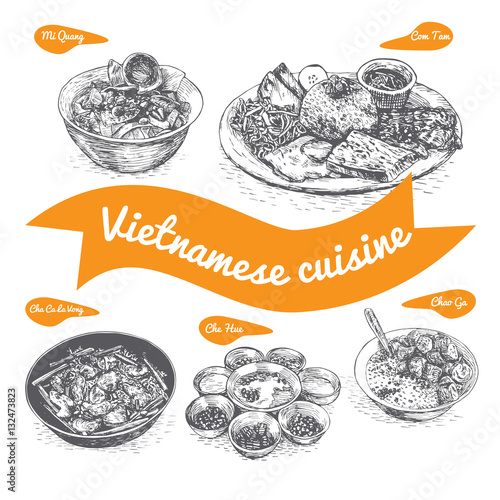 Monochrome vector illustration of Vietnamese cuisine.