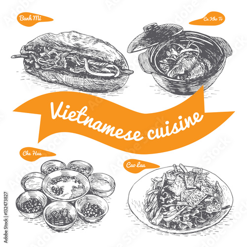 Monochrome vector illustration of Vietnamese cuisine