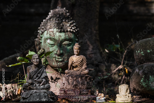 Ancienne statue bouddhiste, tête de Bouddha, relique et vestige bouddhistes, Wat Umong, Chiang Mai, Thailande