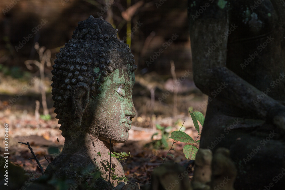 Ancienne statue bouddhiste, tête de Bouddha, relique et vestige bouddhistes, Wat Umong, Chiang Mai, Thailande Ancienne statue bouddhiste, tête de Bouddha, relique et vestige bouddhistes, Wat Umong, Chiang Mai, Thailande