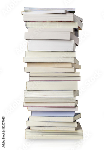 Stack of books on white background.