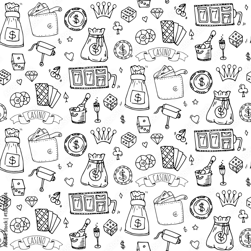 Seamless pattern with hand drawn doodle Casino icon set. Vector illustration. Cartoon Gambling symbols. Sketchy game collection: bet, jackpot, cards, chips, coins, darts, roulette, poker, money, slot.