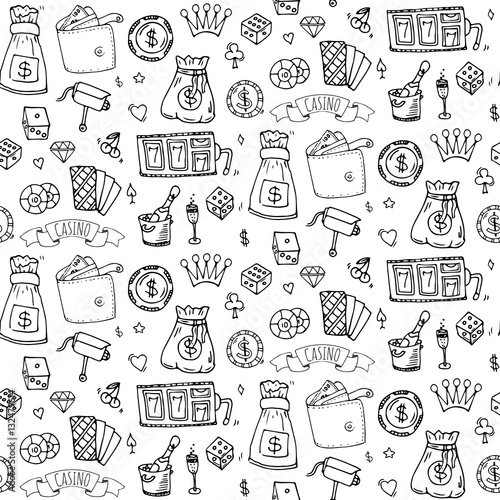 Seamless pattern with hand drawn doodle Casino icon set. Vector illustration. Cartoon Gambling symbols. Sketchy game collection: bet, jackpot, cards, chips, coins, darts, roulette, poker, money, slot.