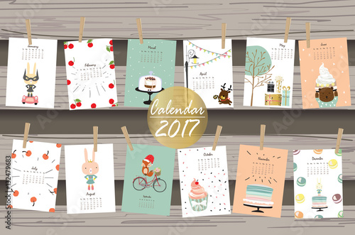 Colorful cute monthly calendar 2017 with rabbit,cake,cherry,bear