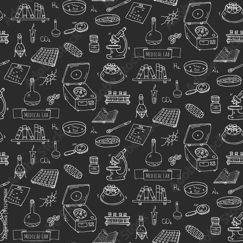 Seamless pattern Hand drawn doodle Medical laboratory icons set. Vector illustration. Chemical lab symbol collection. Cartoon medicine and healthcare elements  research tools  substance and molecules