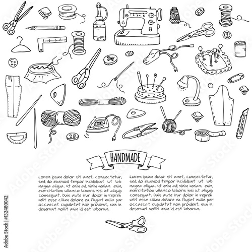 Hand drawn doodle Handmade icons set. Vector illustration. Sewing collection. Cartoon hand made various sketch elements: embroidery, jewelry making, button, needle, scissors, spool, pin, knitting