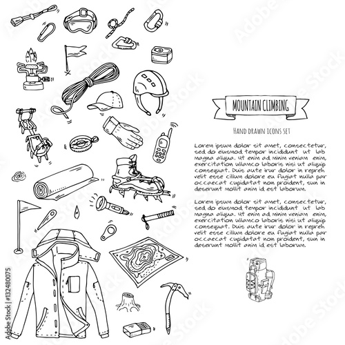 Hand drawn doodle Mountain Climbing icons set. Vector illustration. Mountaineering equipment collection. Cartoon sketch elements for trekking, hiking, tourism, expedition, camping, outdoor recreation.
