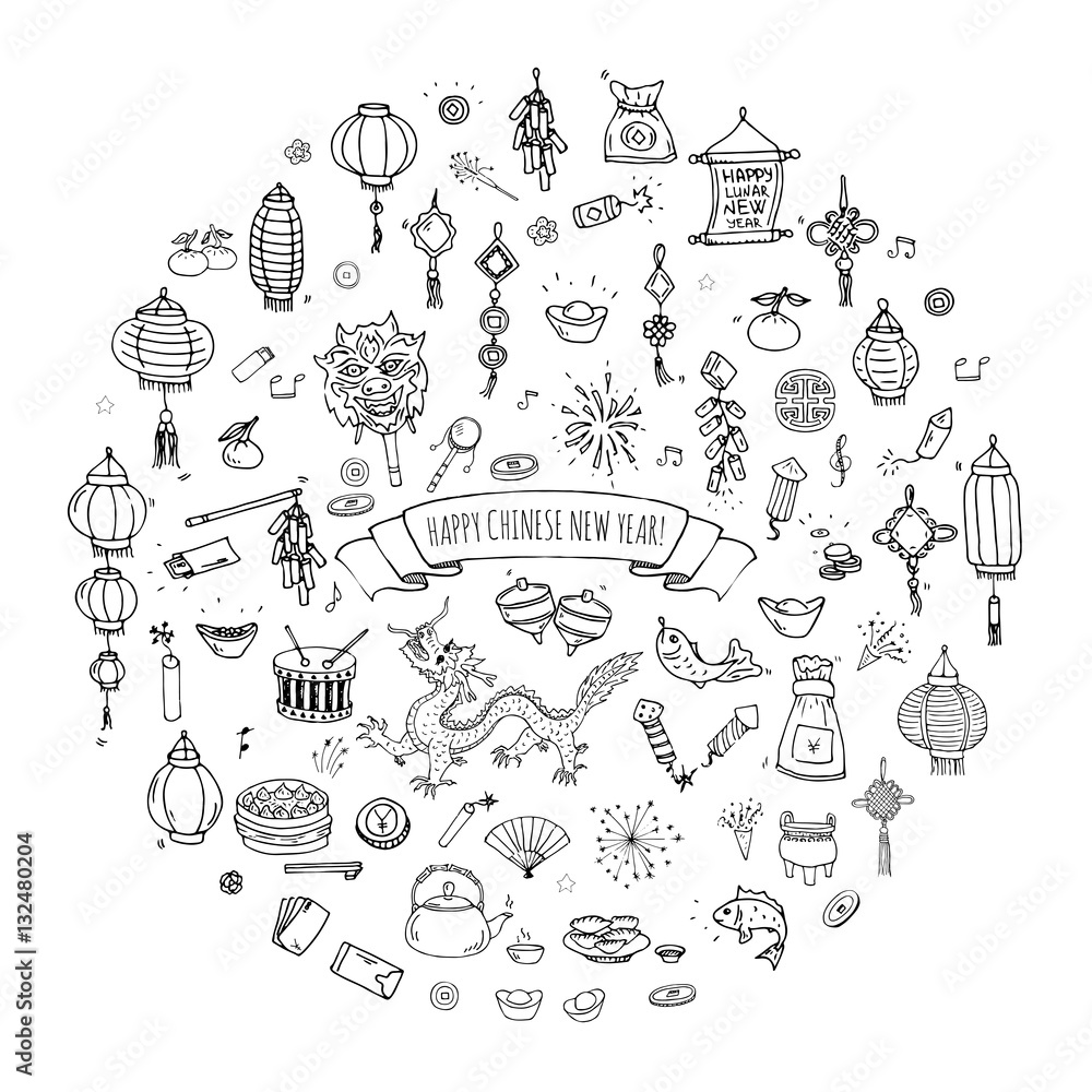 Hand drawn doodle Happy Chinese New Year icons set. Vector illustration. Asian lunar festival collection. Cartoon sketch celebration elements: firecracker, golden coin, money envelope, dragon, lantern Hand drawn doodle Happy Chinese New Year icons set. Vector illustration. Asian lunar festival collection. Cartoon sketch celebration elements: firecracker, golden coin, money envelope, dragon, lantern