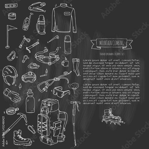 Hand drawn doodle Mountain Climbing icons set. Vector illustration. Mountaineering equipment collection. Cartoon sketch elements for trekking, hiking, tourism, expedition, camping, outdoor recreation.