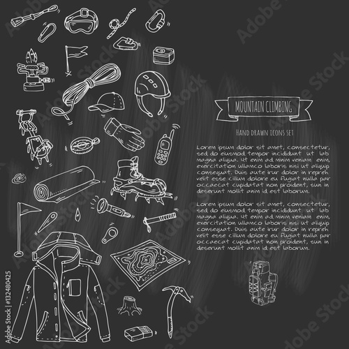 Hand drawn doodle Mountain Climbing icons set. Vector illustration. Mountaineering equipment collection. Cartoon sketch elements for trekking, hiking, tourism, expedition, camping, outdoor recreation.