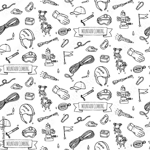 Seamless pattern hand drawn doodle Mountain Climbing icons set. Vector illustration. Mountaineering equipment collection. Cartoon sketch elements for trekking, hiking, tourism, expedition, camping.