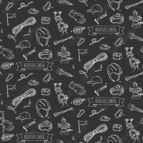 Seamless pattern hand drawn doodle Mountain Climbing icons set. Vector illustration. Mountaineering equipment collection. Cartoon sketch elements for trekking, hiking, tourism, expedition, camping.