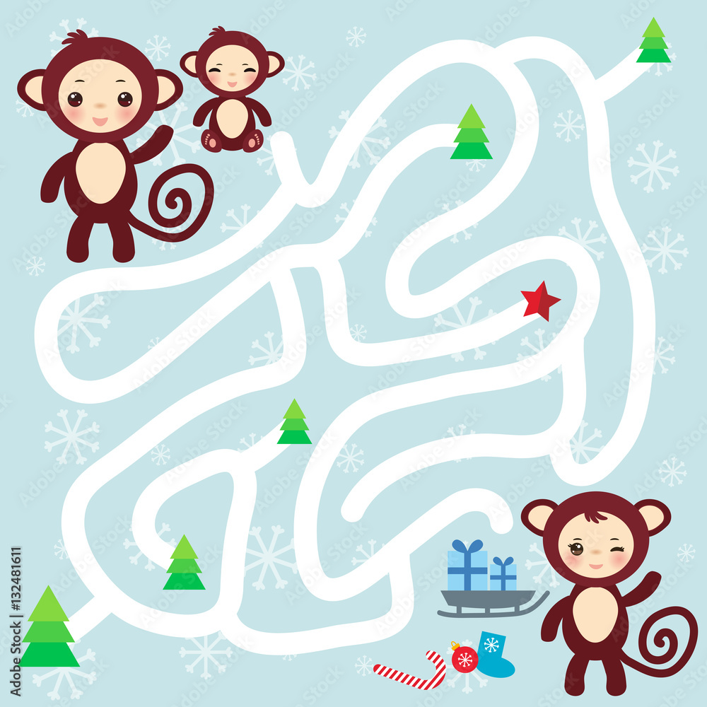 Fototapeta premium Set of funny brown monkey on light blue background. labyrinth game for Preschool Children. Vector