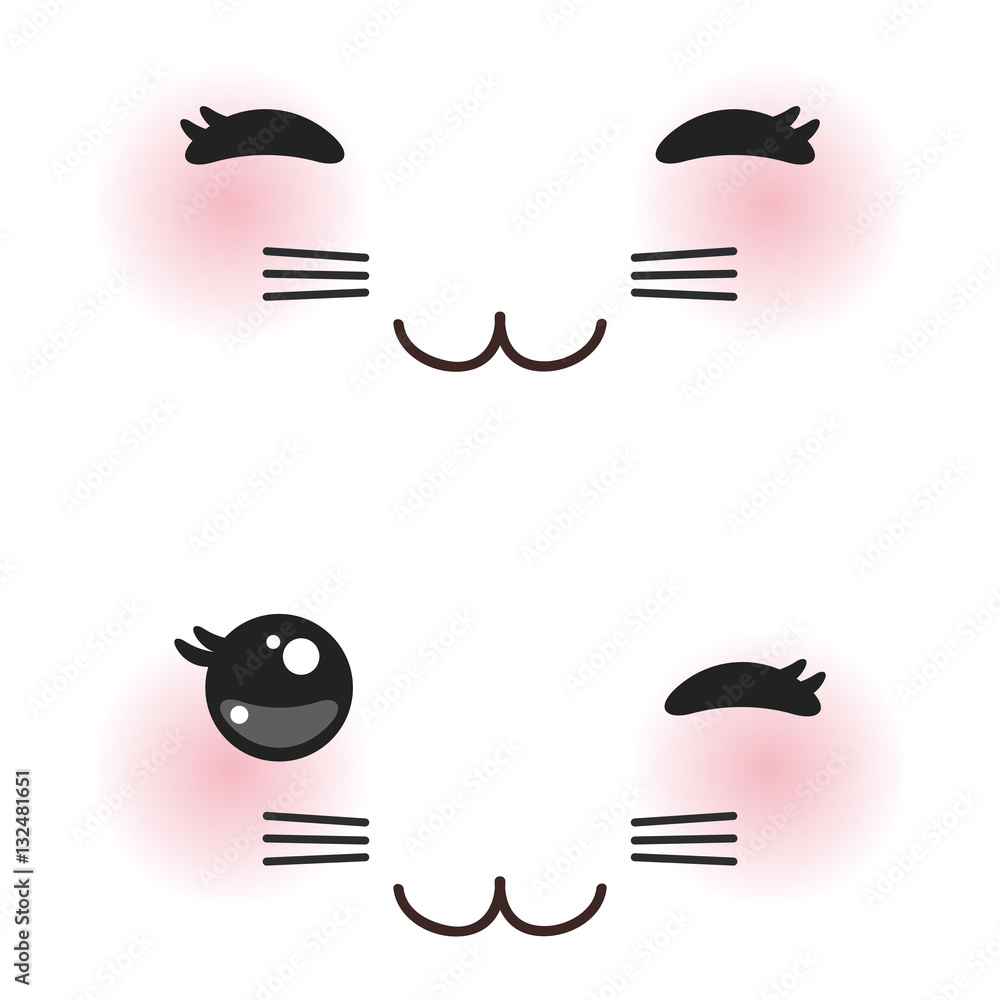 Kawaii funny cat muzzle with pink cheeks and big black eyes on white background. Vector Kawaii funny cat muzzle with pink cheeks and big black eyes on white background. Vector