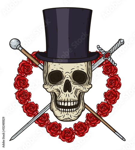 Cartoon Skull in cylinder hat, with a walking stick, a rapier and a heart of red roses.