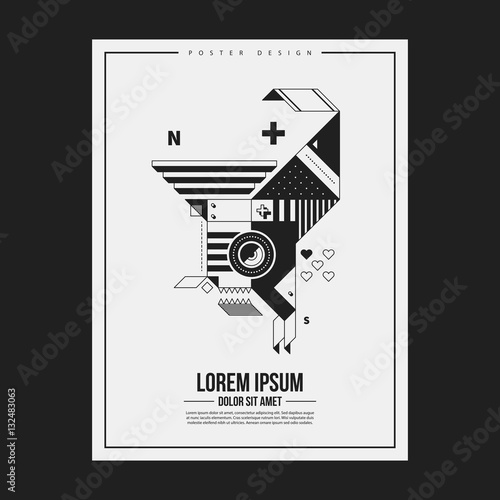 Monochrome poster design template with abstract geometric creature. Useful for advertising.