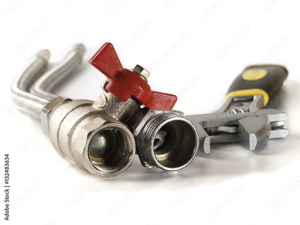flexible fittings, ball valve and adjustable wrench, shallow depth of field flexible fittings, ball valve and adjustable wrench, shallow depth of field