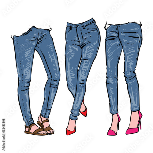 Hand drawn women's fashionable denim jeans, Vector illustration, Clip art