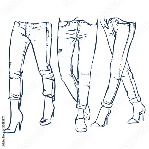 Drawing women's fashionable denim jeans outline, Vector illustration, Clip art