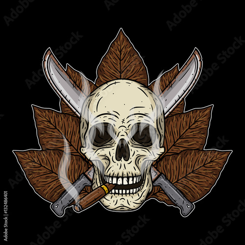 Human skull with a cigar and crossed machetes.